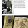 A woman browses shelves of books and items. Below, two open books display Japanese woodblock prints—one is "Studying Horiyoshi III" by Schiffer Publishing, Ltd., adorned with a tsuba paperweight reflecting Japanese tattoo motifs.