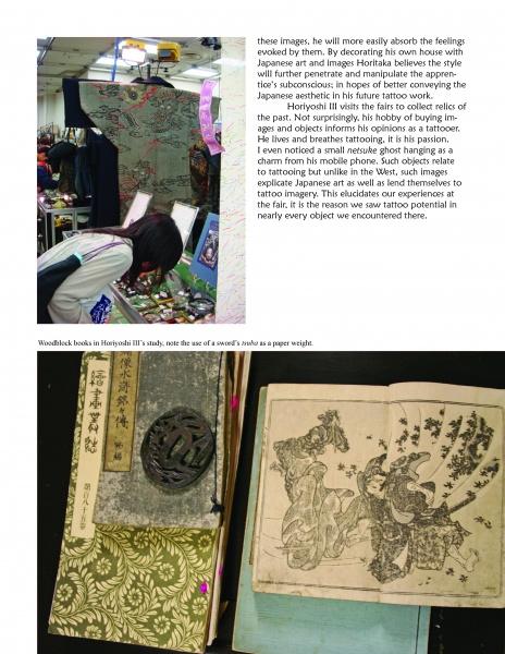 A woman browses shelves of books and items. Below, two open books display Japanese woodblock prints—one is "Studying Horiyoshi III" by Schiffer Publishing, Ltd., adorned with a tsuba paperweight reflecting Japanese tattoo motifs.