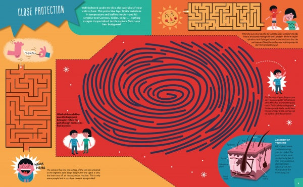 Colorful infographic from Schiffer Publishing, Ltd.'s "The Human Body," featuring a large fingerprint, body mazes, cartoon children, a smiling sun, and skin cross-section—an engaging way to learn about identification and anatomy.