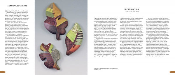 A spread from "Mastering Contemporary Jewelry Design" by Schiffer Publishing, Ltd. features acknowledgments and three textured fabric art leaf sculptures on the left in greens, browns, and purples; the right page contains an introduction.