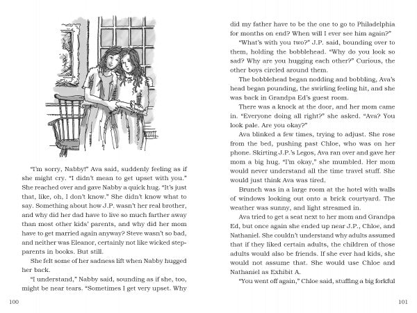 Two girls stand close in a warmly lit room; one hugs the other, who appears sad. A window and photos suggest a blended family story. Nearby text features dialogue and narration from "John Adams and the Magic Bobblehead" by Schiffer Publishing, Ltd.
