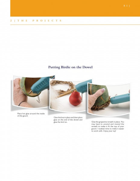 Three-step photo instructions from Schiffer Publishing’s "Creating Gourd Birds with the Fairy Gourdmother®": hot gluing the gourd, placing the dowel with the bird, and attaching grapevine wreaths—a handy guide for creative crafting.