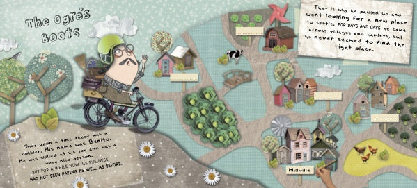 Storybook page from "Shoes, Little Shoes, Big Shoes" by Schiffer Publishing, Ltd., features a mustachioed ogre with glasses cycling through a whimsical village map with houses, trees, signposts, and narrative text.