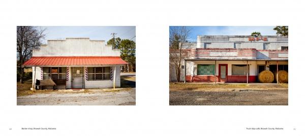 Two photos from Schiffer Publishing, Ltd.'s "Backroads Buildings": on the left, a small red-roofed shop; on the right, a larger weathered building with boarded windows and round hay bales in front.