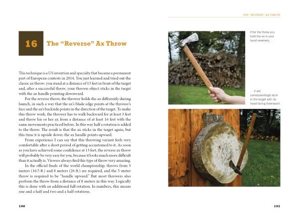 A page from "Knife Throwing Like the Pros" by Schiffer Publishing, Ltd. illustrates the “Reverse” Ax Throw, featuring photos of the grip and target, and detailed step-by-step instructions combining axe and knife throwing techniques.