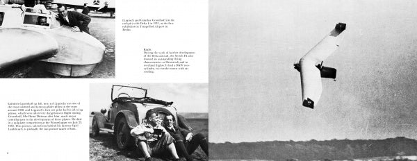 Black and white photos show early aviation: a person with a glider, two by an old car; and a rocket-like plane, similar to WWII experimental fighters like the Messerschmitt Me 163 "Komet." Text details aviation progress. From Schiffer Publishing, Ltd.
