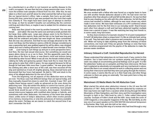 In Schiffer Publishing’s “Alien Abduction,” a spread on pages 28–29 features dense text. The right page includes section headings: “Mind Games and Guilt,” “Intimacy Onboard a Craft,” and “Mainstream US Media Meets the Hill Alien Abductions Case.”.