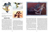 A magazine spread showcases four artworks—abstract and surrealist human-animal hybrids and a mermaid-like sculpture—evoking the political style of Robbie Conal (Schiffer Publishing, Ltd.), all set against dark, fluid backgrounds.