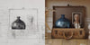 Side-by-side images show a pencil sketch and a finished Scott Fraser still life—both feature a suitcase, dark vase, and framed woman’s portrait on wood. Product: Scott Fraser by Schiffer Publishing, Ltd.