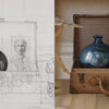 Side-by-side images show a pencil sketch and a finished Scott Fraser still life—both feature a suitcase, dark vase, and framed woman’s portrait on wood. Product: Scott Fraser by Schiffer Publishing, Ltd.