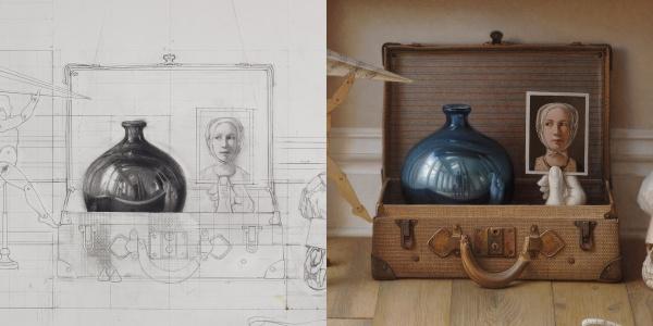 Side-by-side images show a pencil sketch and a finished Scott Fraser still life—both feature a suitcase, dark vase, and framed woman’s portrait on wood. Product: Scott Fraser by Schiffer Publishing, Ltd.