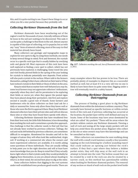 A page from *The Collector's Guide to Herkimer Diamonds* by Schiffer Publishing, Ltd. features tips for finding these unique quartz crystals, plus a photo of collectors digging in a rocky stream and helpful subheadings for mineral hunters.