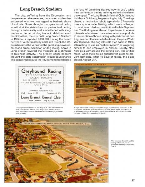 A page from "Long Branch, New Jersey" by Schiffer Publishing, Ltd. shows text on Long Branch Stadium, a vintage greyhound racing ad, and two historic photos—one of the stadium and another of the nearby beach by Seven Presidents Oceanfront Park.