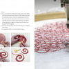 A close-up shows a sewing machine making red spiral embroidery on white fabric, highlighting Organic Embroidery by Schiffer Publishing, Ltd. Step-by-step images feature hands shaping, cutting, and peeling the red spiral design from the fabric.