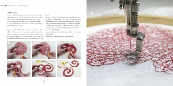 A close-up shows a sewing machine making red spiral embroidery on white fabric, highlighting Organic Embroidery by Schiffer Publishing, Ltd. Step-by-step images feature hands shaping, cutting, and peeling the red spiral design from the fabric.