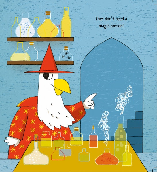 An eagle in a red wizard hat stands in a potion lab with bubbling bottles. Shelves of colorful potions line the back, evoking a storybook scene. Text: They don’t need a magic potion! Product: Dragon's Castle by Schiffer Publishing, Ltd.