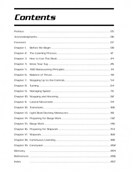 The table of contents for "ASD Tugs: Thrust and Azimuth" by Schiffer Publishing, Ltd. lists chapters on ASD tug operations, Z-drive maneuvering, safety procedures, training processes, and related topics with corresponding page numbers.