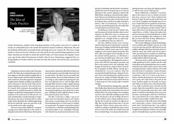 A magazine spread showcases Schiffer Publishing, Ltd.'s "What Makes a Potter," with an article on craft history titled "The Idea of Daily Practice"—a black-and-white photo of a smiling woman on the left, and two columns of text on the right.