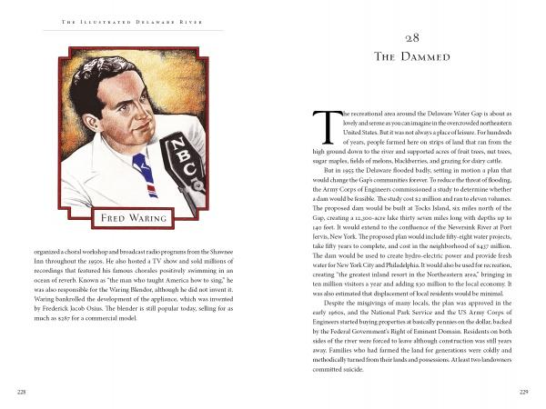 A book spread from The Illustrated Delaware River by Schiffer Publishing, Ltd. shows a portrait of Fred Waring at a vintage NBC mic with his Delaware River Valley ties, and a right page titled "28 The Damned" featuring two columns of text.
