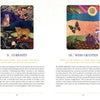 An open book from The Creativity Oracle by Schiffer Publishing, Ltd. shows two illustrated cards: Curiosity, with a fox, owl, and cat, and Wish Granted, with a butterfly in a garden. Guidebook interpretations appear on each page.