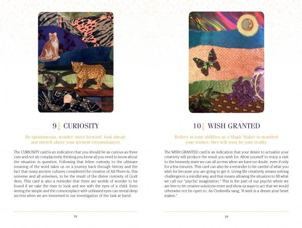 An open book from The Creativity Oracle by Schiffer Publishing, Ltd. shows two illustrated cards: Curiosity, with a fox, owl, and cat, and Wish Granted, with a butterfly in a garden. Guidebook interpretations appear on each page.