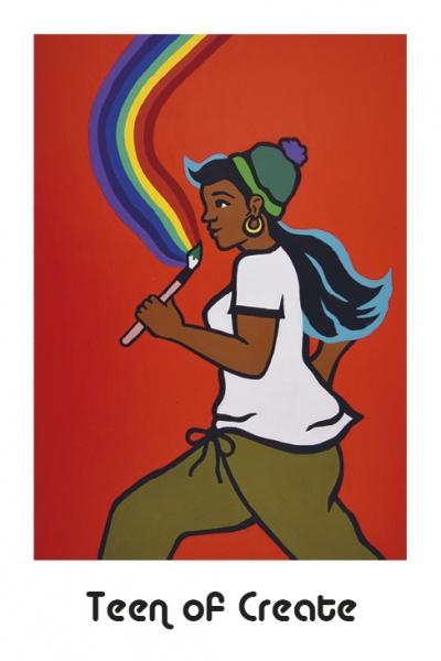 Illustration of a blue-haired teen in a green beanie, white shirt, and olive pants painting a rainbow. Set on a red background with "Teen of Create" below, inspired by Schiffer Publishing's Hip Chick Tarot deck art.