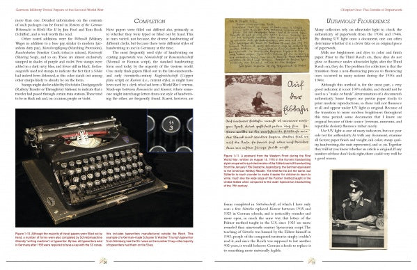 A two-page spread from "German Military Travel Papers of the Second World War" by Schiffer Publishing, Ltd. displays a black antique typewriter, vintage photos, handwritten notes, and original Wehrmacht documents with descriptive text.