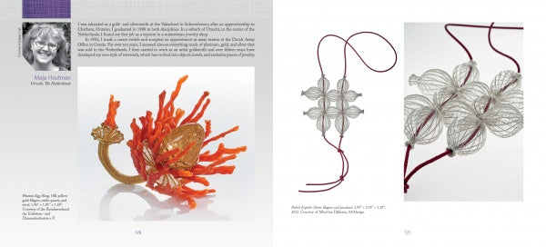 A spread from "Artistry in Fiber, Vol. 3" by Schiffer Publishing, Ltd. shows Riajo Huisman's gold wirework ring with orange coral-like details and two silver floral pendants on red cords, plus her portrait at top left.
