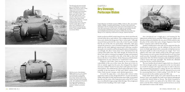 Two black-and-white photos of the WWII M4A2 Sherman tank appear on the left in Schiffer Publishing’s "Sherman Tank, Vol. 3," showing front and angled views. The right page covers Sherman stowage and vision, with a small AFV photo at the top.