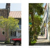Two photos from "Charleston" by Schiffer Publishing, Ltd.: On the left, a pink two-story house with chimney and front tree; on the right, a sunlit sidewalk lined with pastel buildings and palm trees.