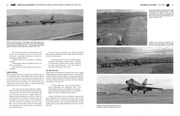 Two grayscale photos from "Jezreel Valley Mysteres" by Schiffer Publishing, Ltd.: upper left shows a Dassault Mystere IVA taking off, lower right a jet landing with Israeli Air Force jets and distant mountains; text surrounds the images.