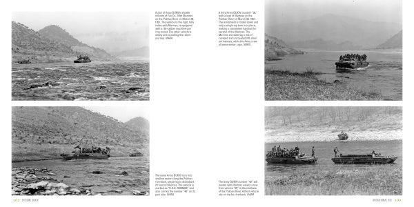 Four black-and-white photos from Schiffer Publishing, Ltd.'s "The GMC DUKW" depict WWII vehicles and boats ferrying soldiers over a calm river bordered by rugged hills, mountains, and sparse riverside vegetation.