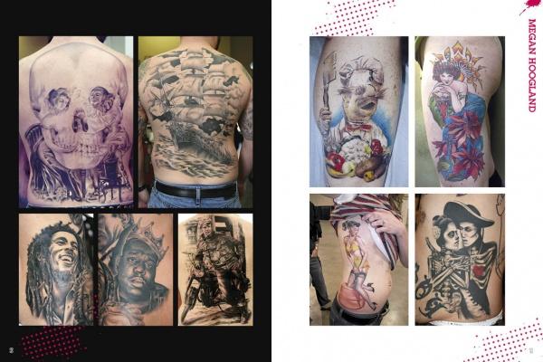 A collage from "The Women of Ink" by Schiffer Publishing, Ltd. showcases tattooed backs and arms with designs like skull illusions, ships, Bob Marley, and Batman—offering vibrant inspiration for tattoo enthusiasts.