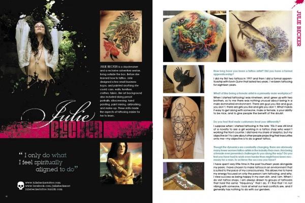 Two pages from "The Women of Ink" by Schiffer Publishing, Ltd. showcase artist Julie Becker: portraits and a quote on the left page; the right features her colorful tattoos and an interview about her inspiration and artistic process.