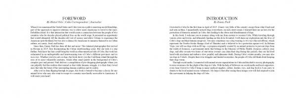 A book spread from The Dogs of Cuba by Schiffer Publishing, Ltd. shows a left page titled FOREWORD by Peter O’Toole and a right page titled INTRODUCTION by Daisy Park, both with black serif text about Cuba dogs and Emmy Park’s photography on white.