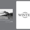 A black-and-white photo of geese taking flight over snowy ground appears on the left beside a quote. On the right, a white page displays "WINTER" in bold, ornate font—featured in Schiffer Publishing, Ltd.'s Fly Fishing the Tidewaters of Maryland's Chesapeake Bay.