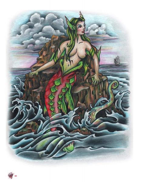 A green and red mermaid with finned arms sits on ocean rocks, gazing at a far-off ship beneath clouds. Waves crash and her tail gleams—a dramatic scene from Life & Death in Tattoo Flash by Schiffer Publishing, Ltd., inspired by classic tattoo art.
