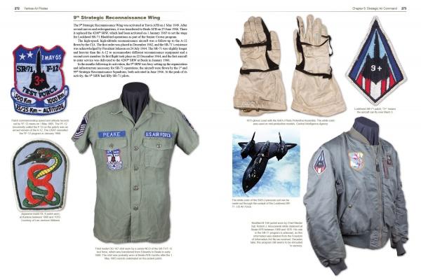 A two-page spread from Schiffer Publishing, Ltd.'s "Yankee Air Pirates" showcases US Air Force memorabilia—patches, flight gloves, uniform shirt, flight jacket, and a photo of a black reconnaissance aircraft—ideal for USAF militaria and Vietnam War uniform enthusiasts.