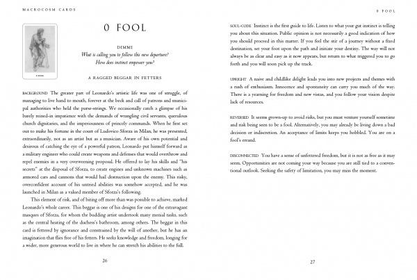 A book spread from the Da Vinci Enigma Tarot by Schiffer Publishing, Ltd. displays pages 26–27 titled “0 FOOL” with artwork, meanings, and keywords on the left and upright/reversed interpretations on the right.