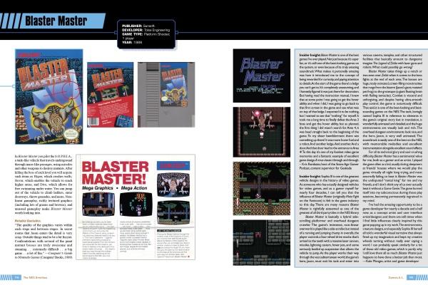 A magazine spread in The NES Omnibus by Schiffer Publishing, Ltd. features Blaster Master with game cover art, screenshots, and columns of text detailing its history, mechanics, and visuals, highlighted by blue and black headers.