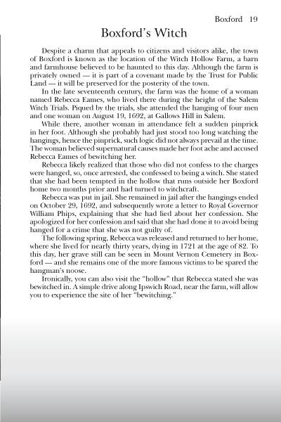A page from Lost History of the North Shore by Schiffer Publishing, Ltd. explores Rebecca Eames's 17th-century witchcraft accusation in Boxford, shedding light on lesser-known Massachusetts histories during the Salem Witch Trials. Black text on white background.