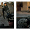 Two photos from "All of Which I Saw" by Schiffer Publishing, Ltd. show U.S. Marine Corps soldiers in combat gear navigating a war-torn urban area during the Iraq War—some advance while others take cover, showcasing gripping moments of photojournalism.
