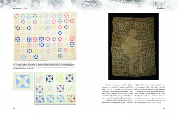 In Schiffer Publishing, Ltd.'s "World War I Quilts," a two-page spread features a pastel square quilt inspired by the 1910s on the left and a brown textile with a soldier’s silhouette on the right, each with descriptive text.