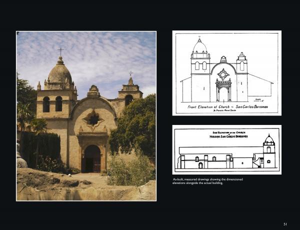 On the left is a photo of a historic stone church with domes and arches; on the right, black-and-white drawings showcase the California Mission Architecture, featured in a Schiffer Publishing, Ltd. release.