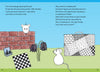 An illustrated scene from "Zendoodle for Children" by Schiffer Publishing, Ltd. shows two white mice near a red brick wall, chess pieces on the grass, patterned flowers, and a large zendoodling suitcase under a blue sky, with text on both pages.