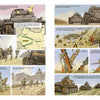 A comic spread from "Knights of the Skull, Vol. 1" by Schiffer Publishing, Ltd. shows German Panzer forces in Blitzkrieg—soldiers march, battles rage in city streets, and tanks and planes clash amid explosions and destruction.