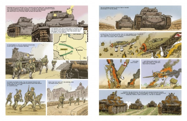 A comic spread from "Knights of the Skull, Vol. 1" by Schiffer Publishing, Ltd. shows German Panzer forces in Blitzkrieg—soldiers march, battles rage in city streets, and tanks and planes clash amid explosions and destruction.