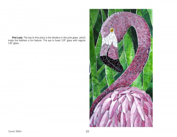 Mosaic Art Today by Schiffer Publishing, Ltd. showcases Pink Lady, a contemporary mosaic of a flamingo crafted from pink, white, black, and green glass tesserae set against lush green foliage.