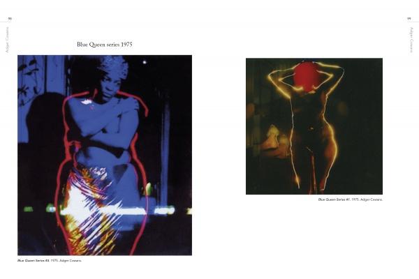 Two images from the Blue Queen series 1975 in Timeless by Schiffer Publishing, Ltd. show a standing person covered in neon outlines, with their head and body highlighted by bright light effects against dark backgrounds.