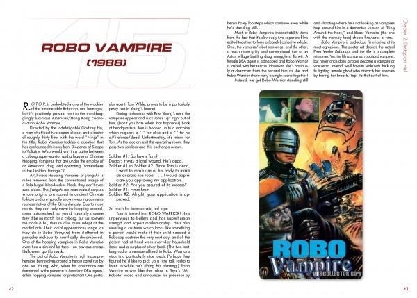 A magazine spread showcases Mine's Bigger Than Yours by Schiffer Publishing, Ltd., with text on the left and a lower right image displaying a cyborg, vampire, and action scenes from the cult film Robo Vampire.